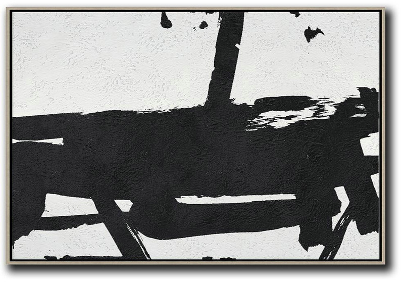 Large Wall Art Canvas,Hand Painted Oversized Horizontal Minimal Art On Canvas, Black And White Minimalist Painting - Modern Wall Decor